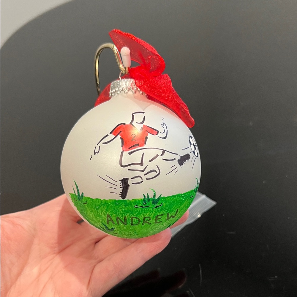 “Andrew” Holiday Soccer Ornament – Personalized with Name and #2 Jersey